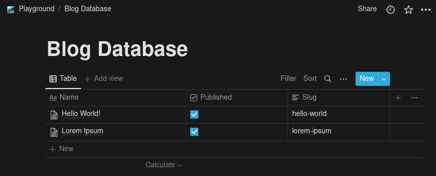 Notion database with two blog entries